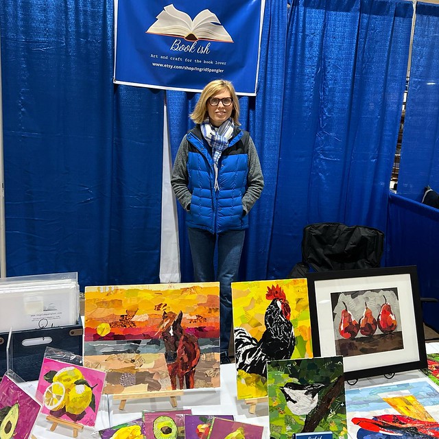 I’m at the @mdhomeandgarden show! I’ll be here today and tomorrow selling my #collages -if you are in the #luthervilletimonium area come by and say hi! #marylandhomeandgardenshow #craftshow #craftshowdisplay #bookish #ingridspangler #collageartistoninstag