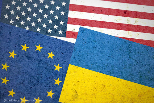 Grunge,Usa,Eu,And,Ukraine,Flags,Together,Isolated,On,Blurred
