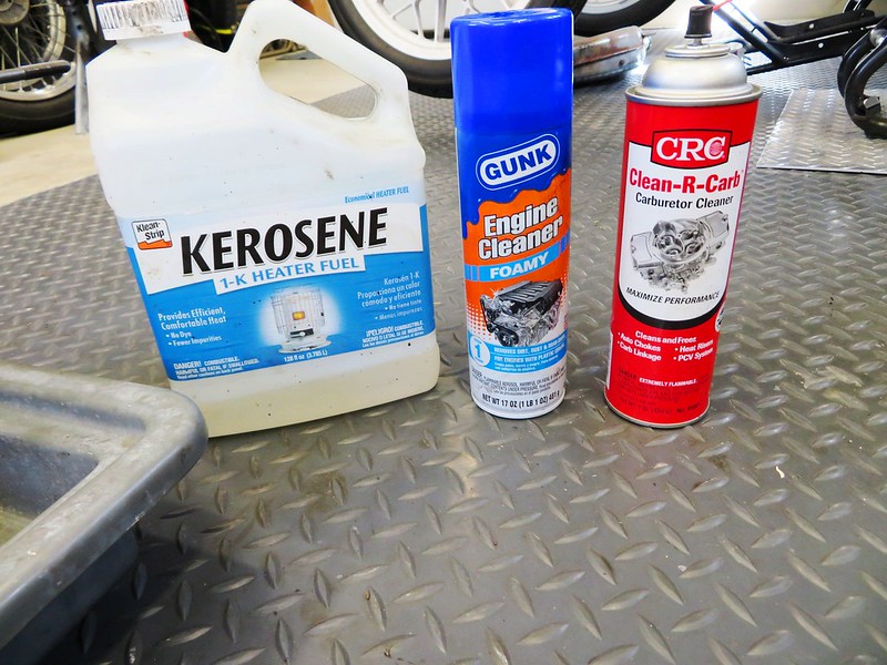 Cleaning Agents: Kerosene, Gunk Foamy Engine Cleaner, Carburetor Cleaner