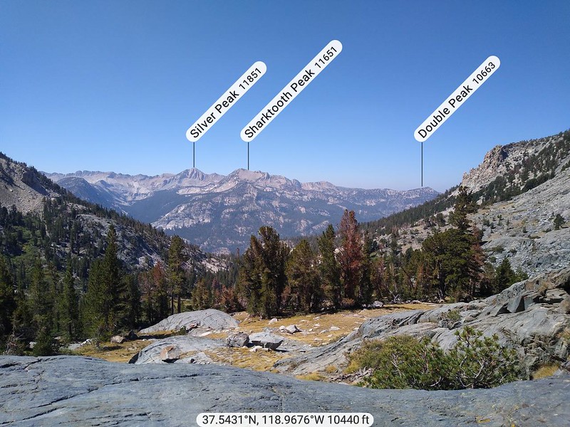 Annotated PeakFinder App peaks looking south from Duck Lake, with Silver, Sharktooth, and Double Peaks