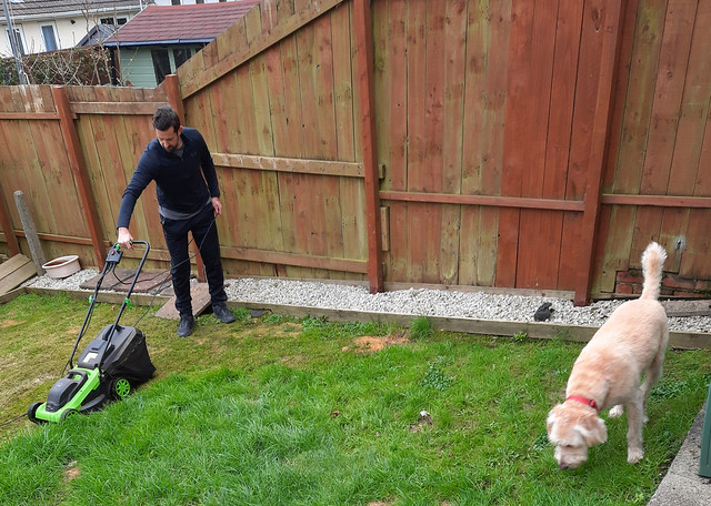 Arthur helping Steve cut the grass