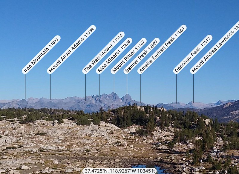 Annotated PeakFinder Earth screenshot showing the mountains to the north of Silver Pass