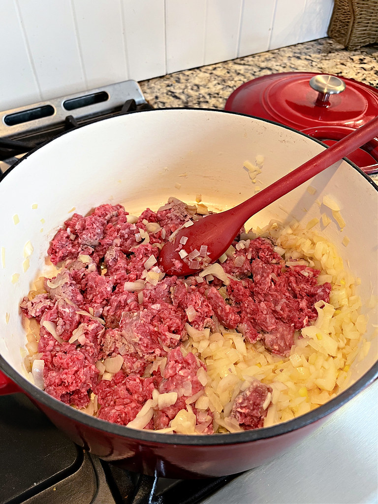 browning the beef and onions