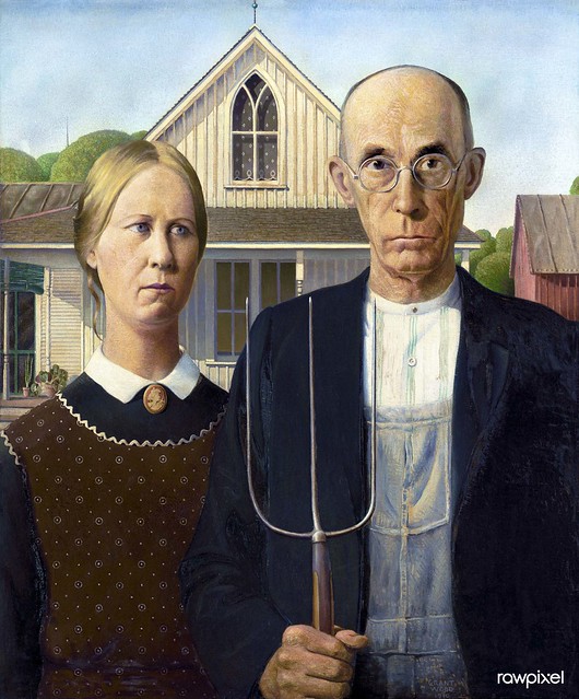 Grant Wood's American Gothic (1930) famous painting. Original from Wikimedia Commons. Digitally enhanced by rawpixel.