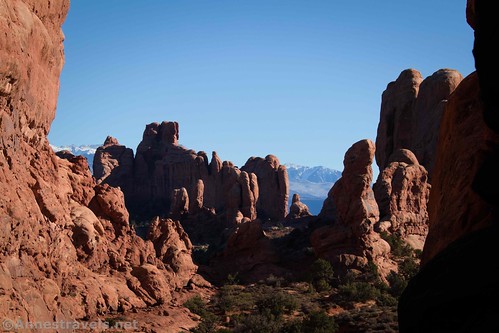 Rock spires from the gap en route to Christmas Tree Arch, Arches National Park, Utah