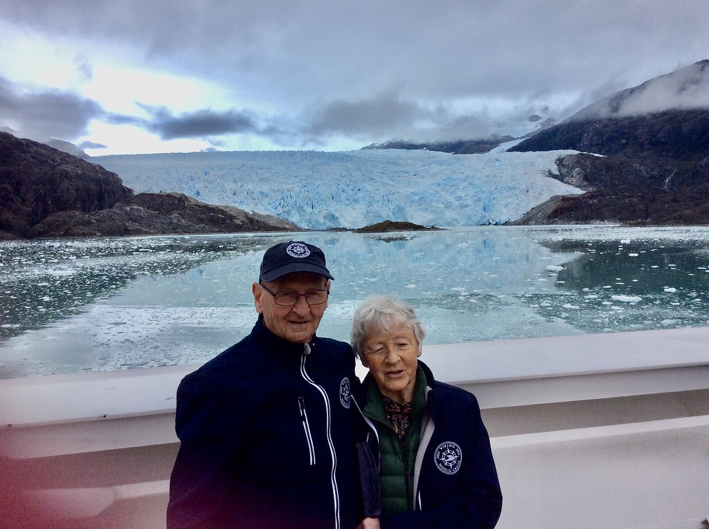 Wally Racicot and Justyne Chojnacka enjoy a photo opportunity while cruising past the Amalia Glacier. 