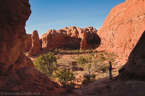 Standing on the Primitive Loop - the route to Christmas Tree Arch goes along the wall on the right and into a gap that's in shadow in this photo.  Arches National Park, Utah