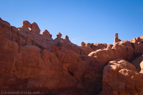 Rock spires from standing inside of Christmas Tree Arch, Arches National Park, Utah