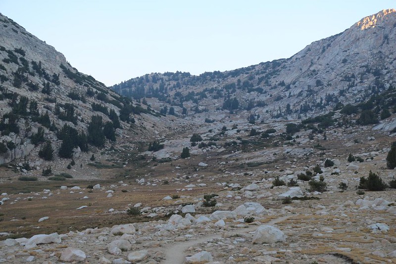 Looking north toward Silver Pass from the PCT as I continued my climb in the cool shade of the valley near dawn
