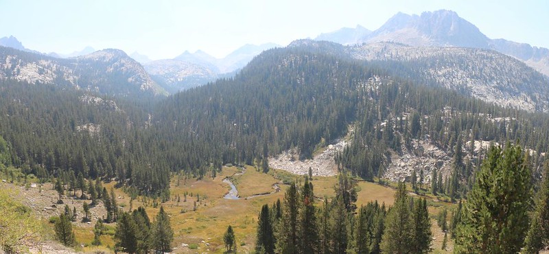Panorama shot from the PCT above Tully Hole on a hazy, smoky day in late August 2021
