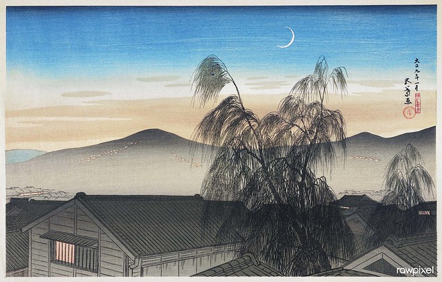 Evening Moon over Kōbe (1920) print in high resolution by Goyō Hashiguchi. Original from the Minneapolis Institute of Art. Digitally enhanced by rawpixel.