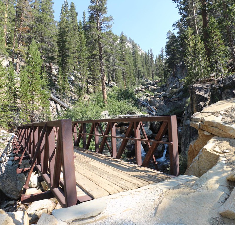 Metal bridge over Fish Creek in upper Cascade Valley, from the PCT