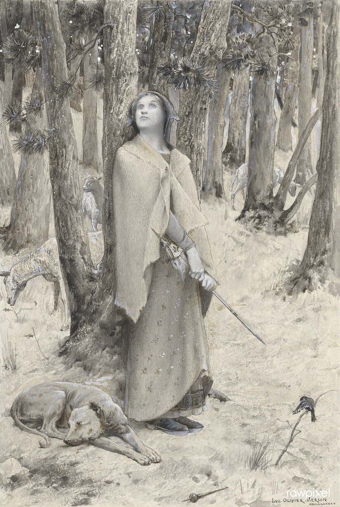 Joan of Arc Hearing the Voices (1895) drawing in high resolution by Luc-Olivier Merson. Original from National Gallery of Art. Digitally enhanced by rawpixel.