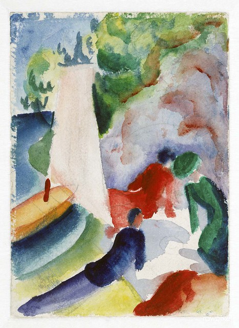 August Macke's Picnic on the Beach (Picnic after Sailing) (1913) famous painting. Original from Wikimedia Commons. Digitally enhanced by rawpixel.