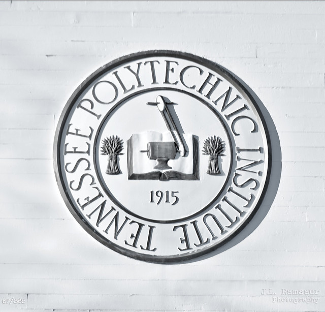 67/R365 - Tennessee Polytechnic Institute seal - Derryberry Hall at Tennessee Tech - Cookeville, Tennessee B&W