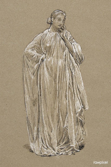 Draped Model (ca. 1865–2867) drawing in high resolution by Albert Joseph Moore. Original from the MET Museum. Digitally enhanced by rawpixel.