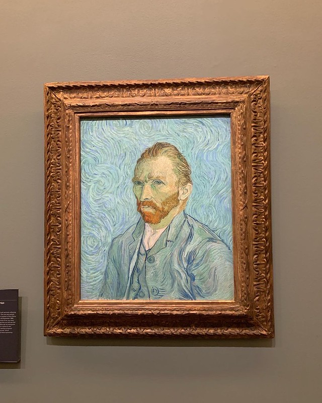 Van Gogh's self-portrait, making a serious face on the canvas. 