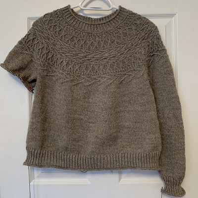 Progress and my finished Oksa sweater by Caitlin Hunter, knit using The Fibre Co. Cumbria.