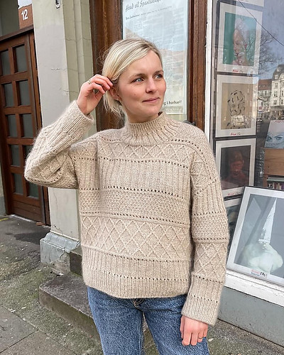 PetiteKnit’s new Ingrid Sweater pattern is worked from the top down in a knit and purl texture pattern.