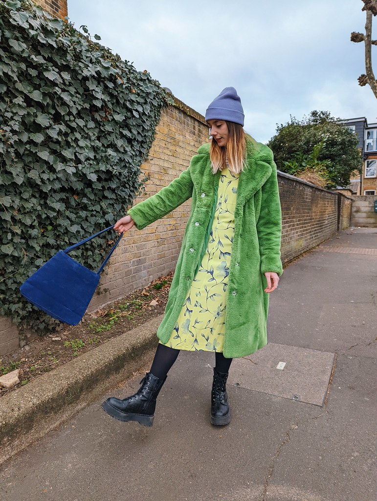 Green fur coat and a vintage green dress outfit