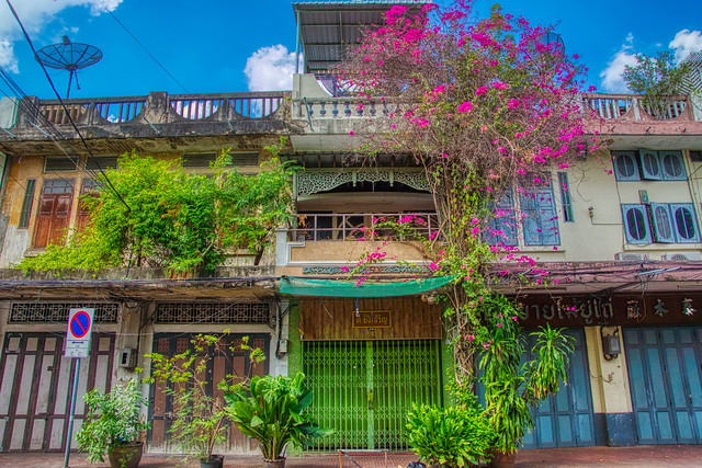 Shop houses on Rattanakosin island (Old Town) in Bangkok, Thailand