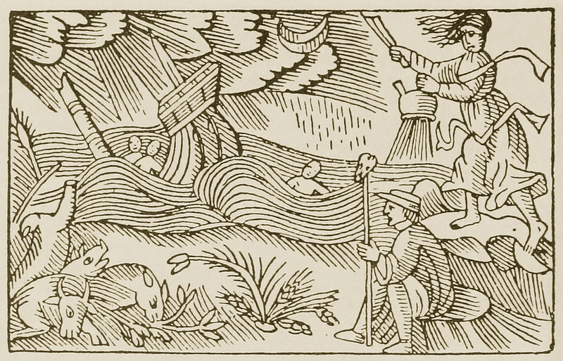 Witch creating a storm at sea, 16th century