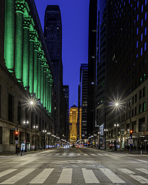 Chicago Board of Trade Building, Chicago City Hall, LaSalle Street Lit Green for St. Patricks Day on 3.12.2022