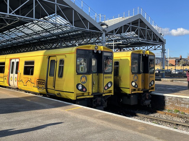 Class 508s 508140 and 508141 stand at Southport on 6 March 2022 with the Branch Line Tours ‘Batteries Not Included’ Railtour