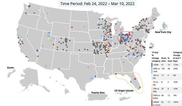 COVID-19 Data Show Rise In 62 USA Hotspots (In Red)