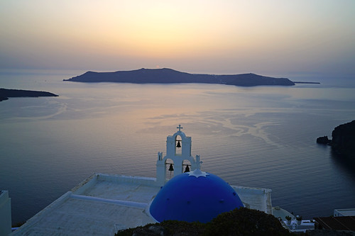 Three Bells of Thera at sunset, Santorini by Andrey Sulitskiy, thera santorini greece