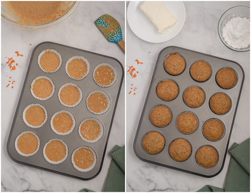Carrot cake cupcakes in the muffin tin before and after baking