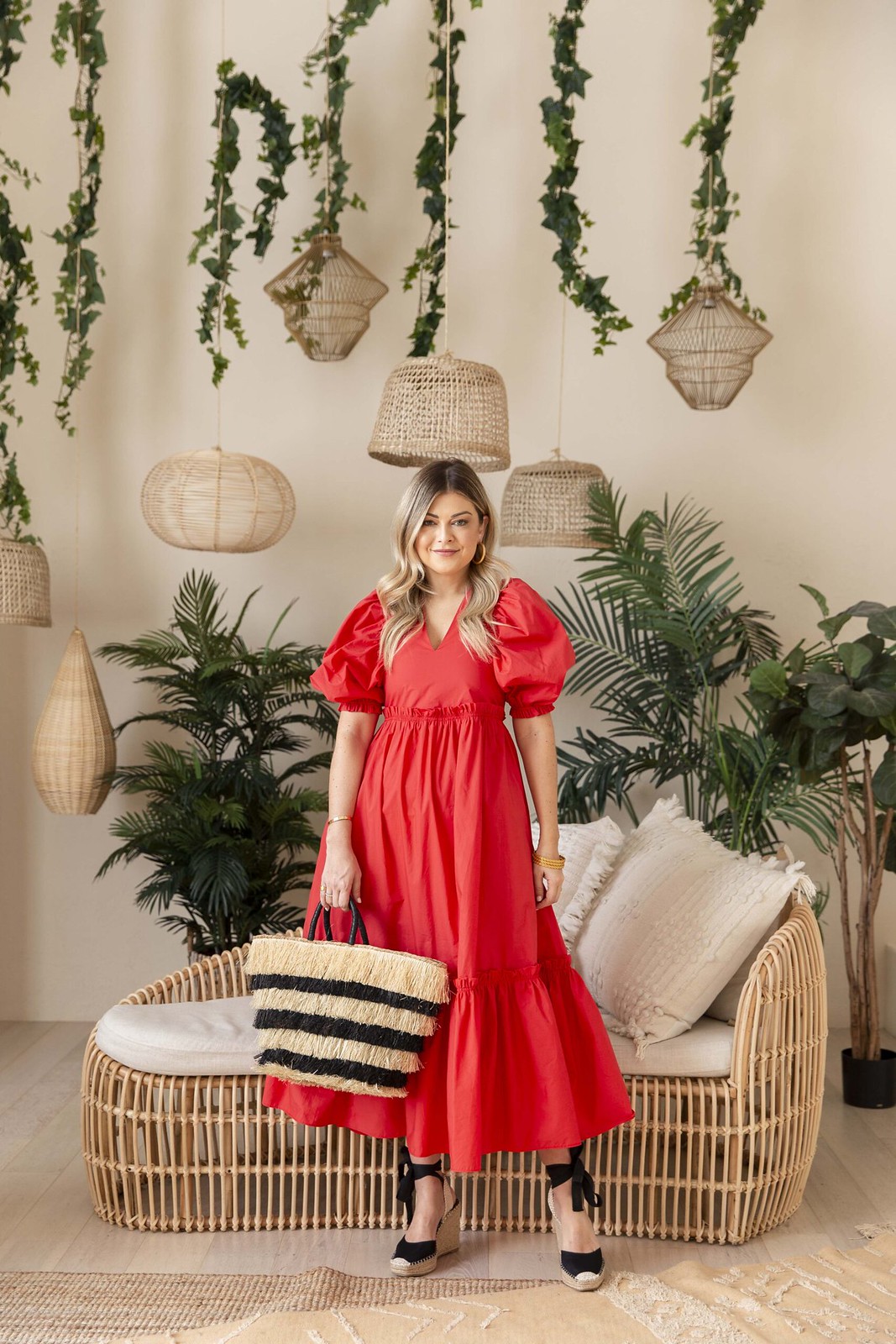 Bright Coral Puff Sleeve Maxi Dress Outfit