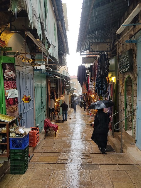 Rainy winter day in the Christian Quarter in Jerusalem