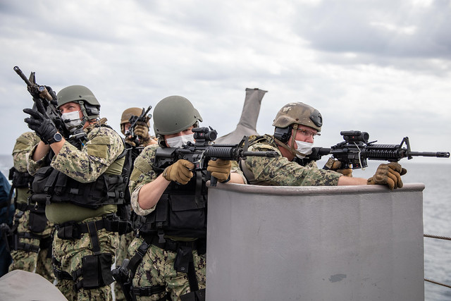 Sailors conduct visit, board, search and seizure training aboard USS Milwaukee (LCS 5) in the Pacific Ocean.