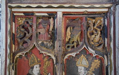 screen: rose, St George with a saracen's sword, dragon, vine