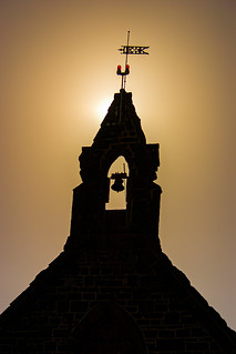 Silhouette of old church bell tower at sunset in Bulla Victoria