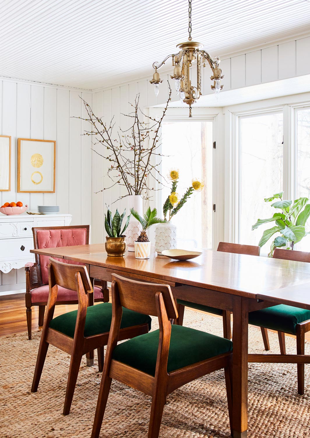 Jewel Toned Dining Room | Mid Century Modern Dining Furniture | Vintage Inspired Dining Room with Green Velvet Dining Chairs