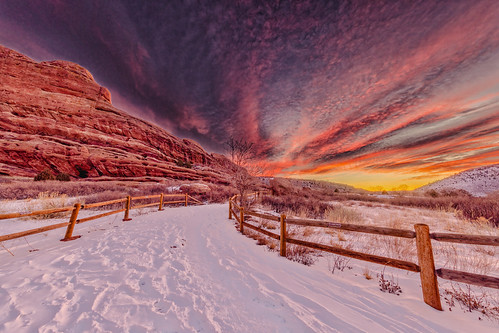 redrockspark morrison colorado sunrise dawn daybreak morning clouds fence snow winter path landscape landscapes
