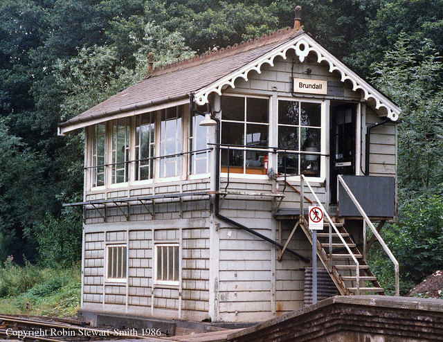 LNER Brundall Signal Box - Great Eastern Railway 1883 - view from the station on 11th August 1986 (Copyright Robin Stewart-Smith - All Rights Reserved)