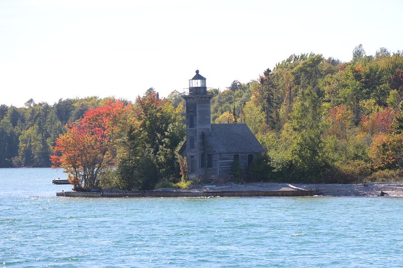 Close-up of the (retired) East Channel Lighthouse on Grand Island near Munising from the Pictured Rocks tour boat