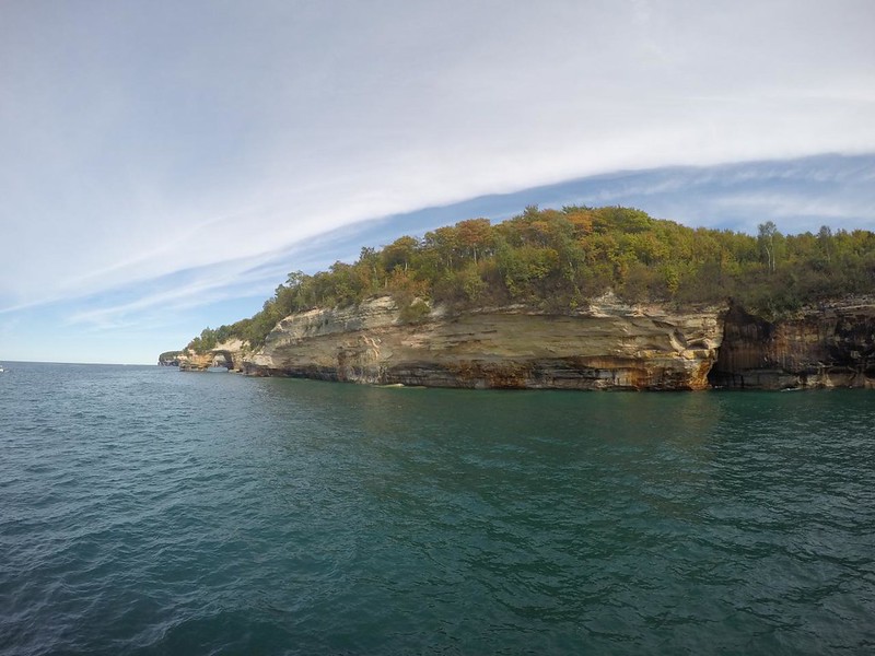GoPro photo of the natural arch called Lovers Leap at Pictured Rocks National Lakeshore from the tour boat