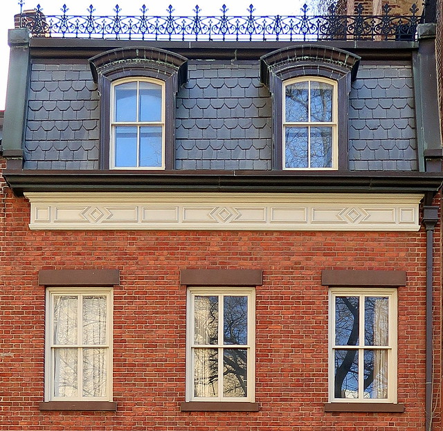 Mansard roof with iron cresting: 88 Grove Street (1827; altered c.1862), Greenwich Village, New York