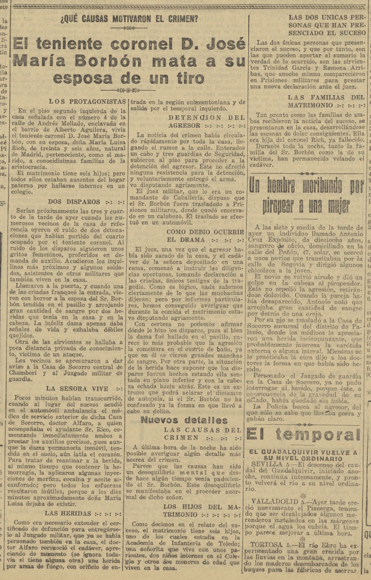 Noticia del asesinato de María Luisa Rich Carbajo a manos de su marido José María Borbón de la Torre. El Liberal, febrero de 1926