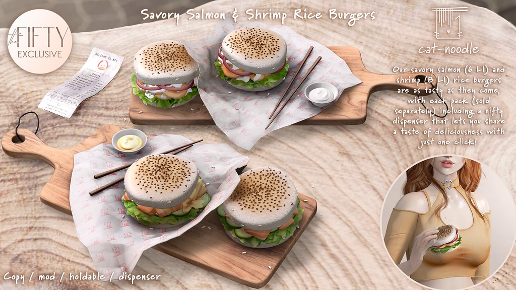🍔 [Cat-Noodle] Savory Salmon & Shrimp Rice Burgers @ The Fifty! #New 🍔
