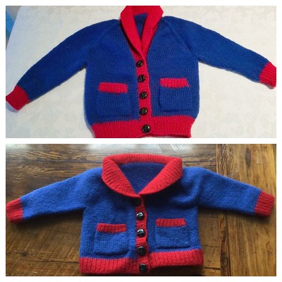 Liz posted to the group a before and after of the Gramps by tincanknits that she knit her older grandson that was accidentally thrown in with the regular wash!
