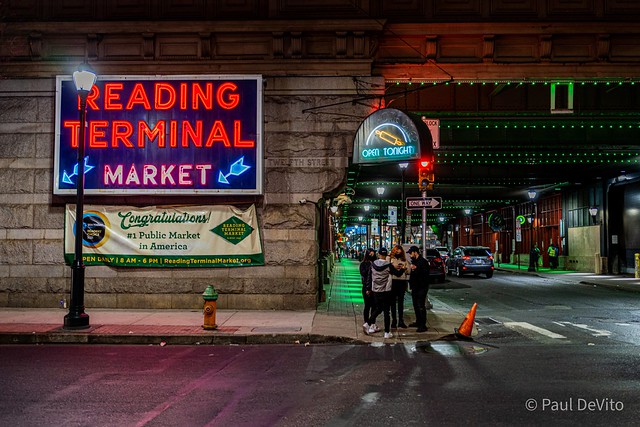 Outside the Reading Terminal Market at night