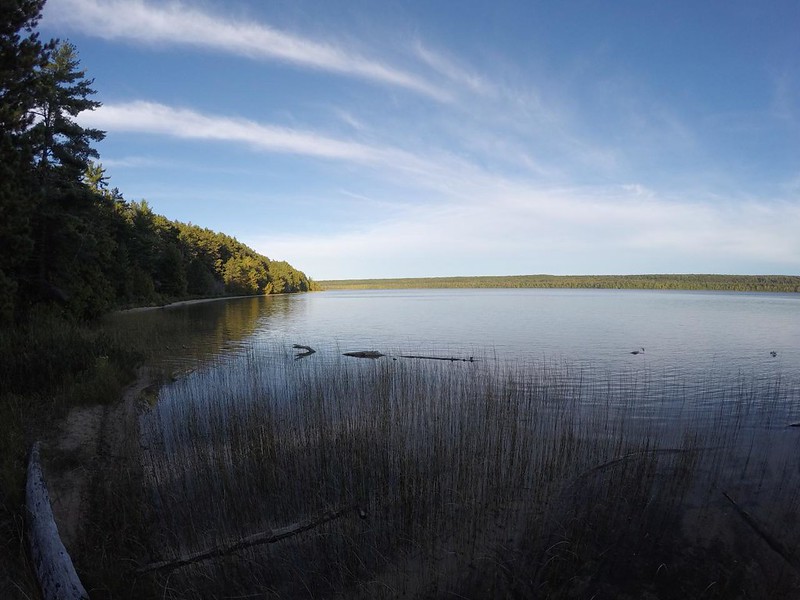 GoPro shot looking east over the still waters of Beaver Lake in Pictured Rocks National Lakeshore