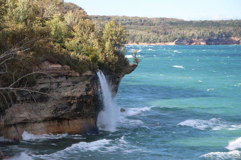 Zoomed-in view of Spray Falls from the North Country Trail in Pictured Rocks National Lakeshore