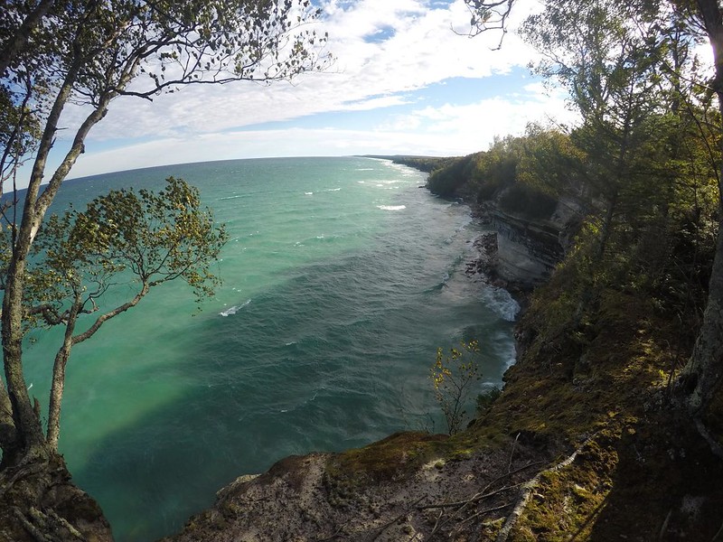 GoPro photo looking east from a high cliff along the shore of Lake Superior in Pictured Rocks National Lakeshore