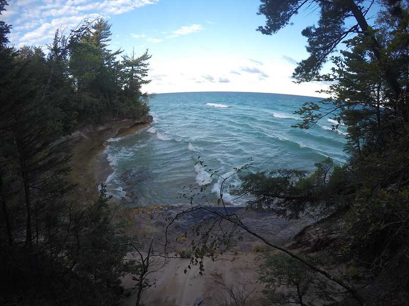 GoPro photo of the Coves section of Pictured Rocks National Lakeshore with waves breaking from Lake Superior